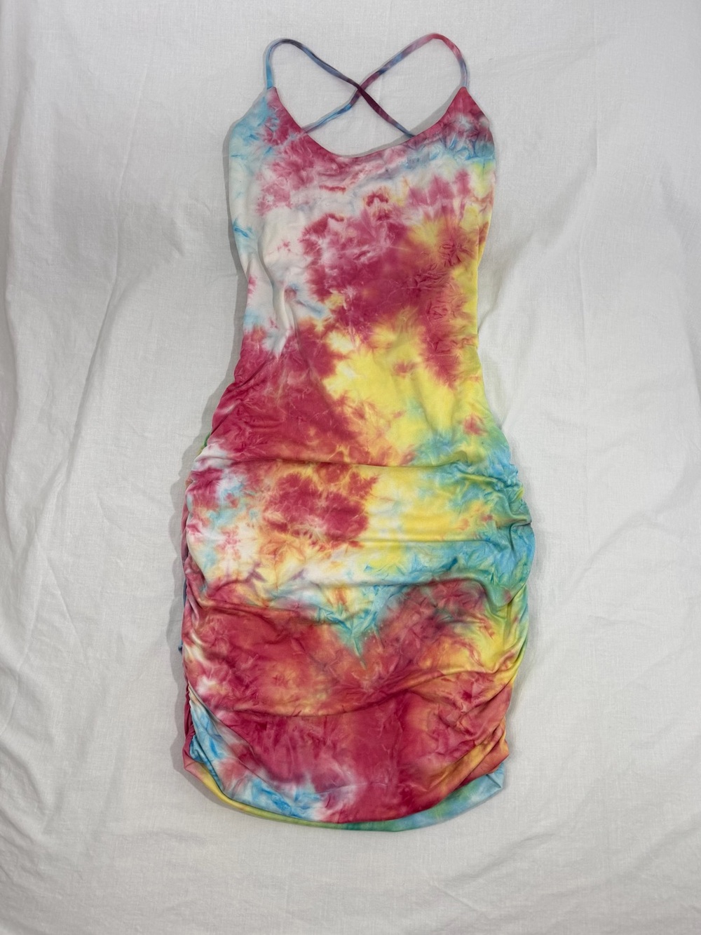 Fashion Nova Rainbow Tie-Dye Ruched Spaghetti Strap Dress
